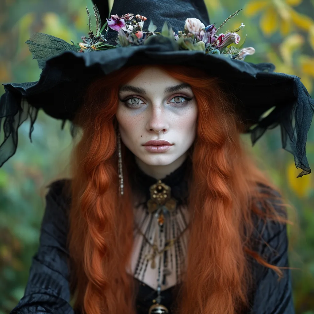 Prompt: young stunningly gorgeous rag queen witch, deep gray eyes, deep look, very long red hair, light contrast, baroque intricate portrait, young drag queen witch sitting in her garden house