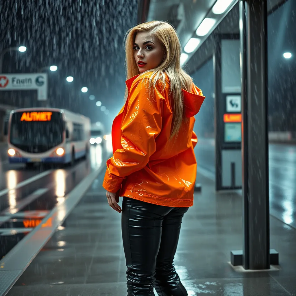 Prompt: 
view from the side, a gorgeous ultra-muscular 25-year-old Czechian drag 
queen bodybuilder is looking to the camera with an open mouth and red lips. ankle boots with stiletto  high heels and short leather pants.  the gorgeous ultra-muscular 
25-year-old Czechian drag queen bodybuilder is standing at a bus station wearing a shiny, bright orange rain jacket. She is outdoors, with heavy rain pouring down. The scene captures the futuristic environment, with wet streets and a sterile atmosphere in the night. Her hair is completely soaked, with water dripping from it, and the short rain jacket is drenched with water. There are abundant water droplets visible everywhere—in the air, on the gorgeous ultra-muscular 25-year-old Czechian drag queen bodybuilder's hair, on her partially covered short rain jacket, on the knee-length leather pants, and on the ground—emphasizing the intense rainfall and the thoroughly wet environment. a lot of white paint with big drops on her pants and top