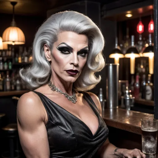 Prompt: Gorgeous muscular 45-year-old femme fatale drag queen with graying hair (strong masculine jawline and brow) in a dimly lit gritty bar, (1950s noir aesthetics), leaning against the bar, wearing a sleek black & white cocktail dress, dark eyeshadow, dark lipstick, (holding a lit cigarette), wisps of smoke drifting, dramatic shadows, atmospheric ambiance, (high detail) & (cinematic quality), 8K resolution, hooded incandescent lamp spotlighting her hauntingly beautiful appearance, evokes tension and allure, capturing the essence of classic noir photography.