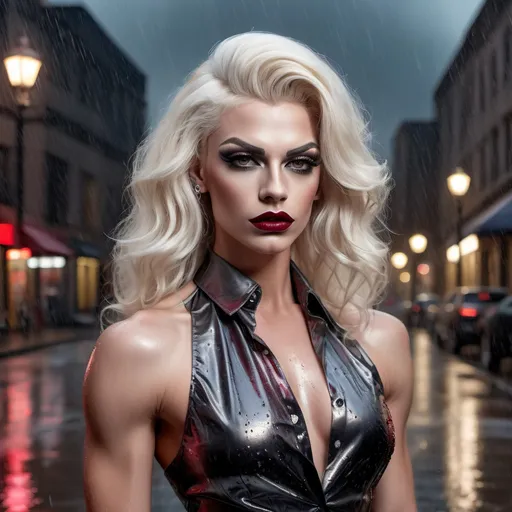 Prompt: photorealistic, (highly realistic) portrayal of a gorgeous muscular 25-year-old Czechian drag queen (strong masculine jawline and brow features) with long stylish wavy platinum blonde hair, wearing a stylish men's shirt as a dress, elegant high heels, dark eyeshadow,  and dark red lipstick, standing confidently on a wet, glistening street after rain, with puddles reflecting streetlights, soft atmospheric glow, (moody), gently falling raindrops, urban ambiance, striking pose, captivating expression, rich colors, (ultra-detailed), nighttime cityscape background.