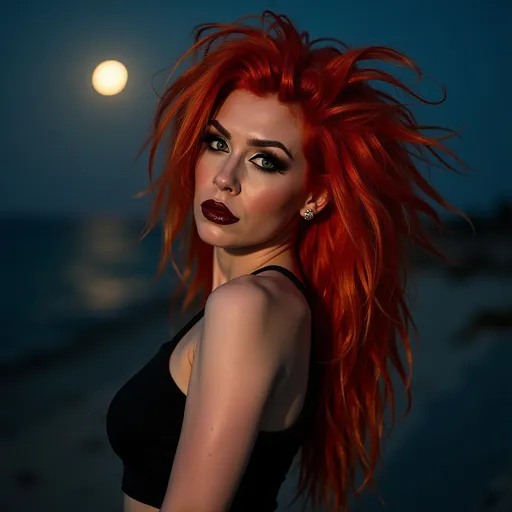 Prompt: In a dark, mysterious beach setting, a daring, gorgeous 25-year-old Swedish drag queen bodybuilder with vibrant red hair, heavy mascara, and dark red lipstick strikes a fierce pose for a photo. Her wild, messy hair contrasts in black and orange hues, creating a striking blend of edginess and glamor. The long, shaggy locks cascade around her, exuding confidence and individuality as the full moon shimmers off her.