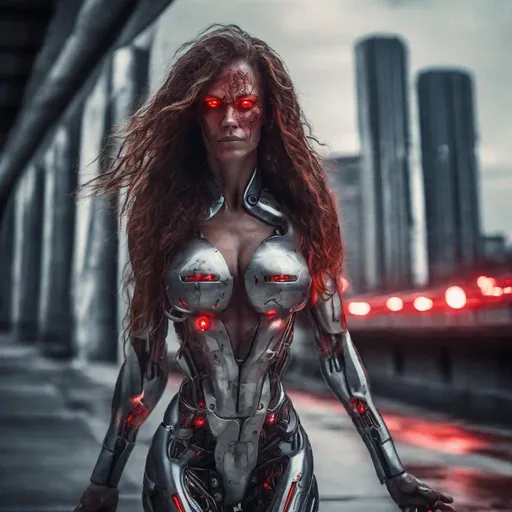 Prompt: Futuristic muscular 35 year old Dutch goddess cyborg with red lit eyes, huge busom and long dark red flowing hair walking down a hill of a futuristic sterile concrete and iron cityscape, head-to-toe photography 