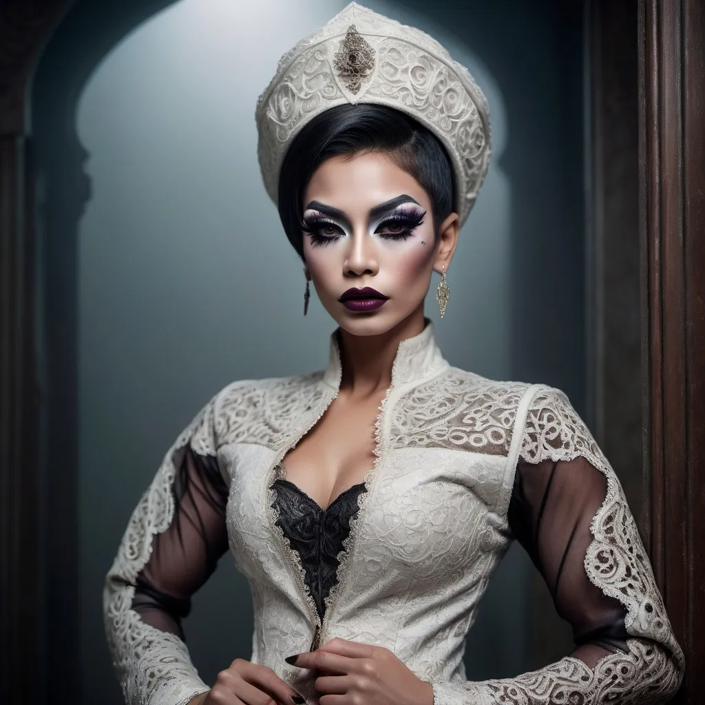 Prompt: hyper-detailed dull photo of a gorgeous muscular masculine 25-year-old Betawi drag queen, with dark eye makeup, dark lipstick, venetian lace jilbab, cropped jacket, foggy old hallway, art pose, medium format, epic character composition, sharp focus, intricate filigree details, cinematic lighting, volumetric fog, award-winning, masterpiece, 64K, professionally color graded