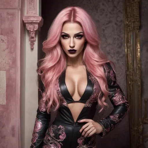 Prompt: (Gorgeous ultra-muscular 25-year-old Syrian bodybuilder) with muscular physique, long stylish pink hair, dark eye makeup and dark lipstick wearing a Dolce&Gabbana inspired design, (luxurious), (fashion-forward), stunning patterns, bold colors, intricate textures, modern elegance, lavish aesthetic, high-end fashion showcase, opulent background, dramatic lighting, (vibrant), chic, glamorous, 4K quality, showcasing iconic elements synonymous with the brand.