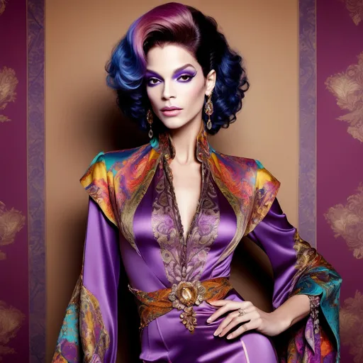 Prompt: (Prince dressed in drag wearing an Etro dress), fashion elegance, (stylish pose), intricate patterns, vibrant colors, (high fashion), soft focus, warm lighting with a glamorous touch, showcasing elegant accessories, luxurious fabric detail, upscale ambience, beautifully styled hair, (ultra-detailed), captivating expression, fashion-forward aesthetic, luxurious background elements.