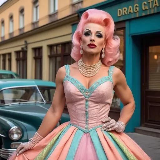 Prompt: Gorgeous ultra-muscular 25-year-old Hungarian drag queen (wearing a vintage fashion), (1950s style), elegant outfits, fitted dresses, petticoats, bold patterns, retro accessories, heels, vibrant colors, soft pastel shades, nostalgic atmosphere, warm lighting, high-quality, ultra-detailed, stylish urban setting, glamorous poses, cheerful mood, classic hairstyles, cinematic masterpiece.