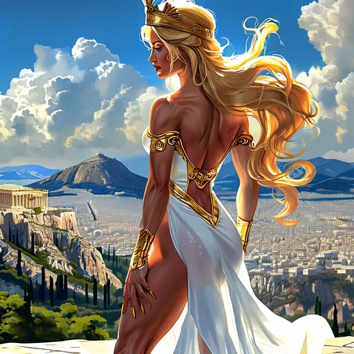 Prompt: Gorgeous ultra-muscular 25-year-old French female goddess with big busom, long muscular legs and long light red updo hair wearing white and golden robes and 8 inch stiletto high heel shoes, looking down upon Athens from Mount Olympus 