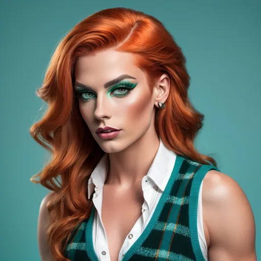 Prompt: Photorealistic image of a beautiful muscular 25-year-old German drag queen (very strong masculine jawline and brow features) with big busom and chic wavy shoulder-length orange hair and striking green eyes, wearing a stylish white blouse layered under a vibrant teal knit vest. She pairs this with a classic teal and black tartan skirt, alluring white tights, and elegant black stiletto heelss. she stands gracefully in an opulent Belle Époque lounge, richly decorated, rich patterns, luxurious ambiance, 8K resolution, ultra-detailed.