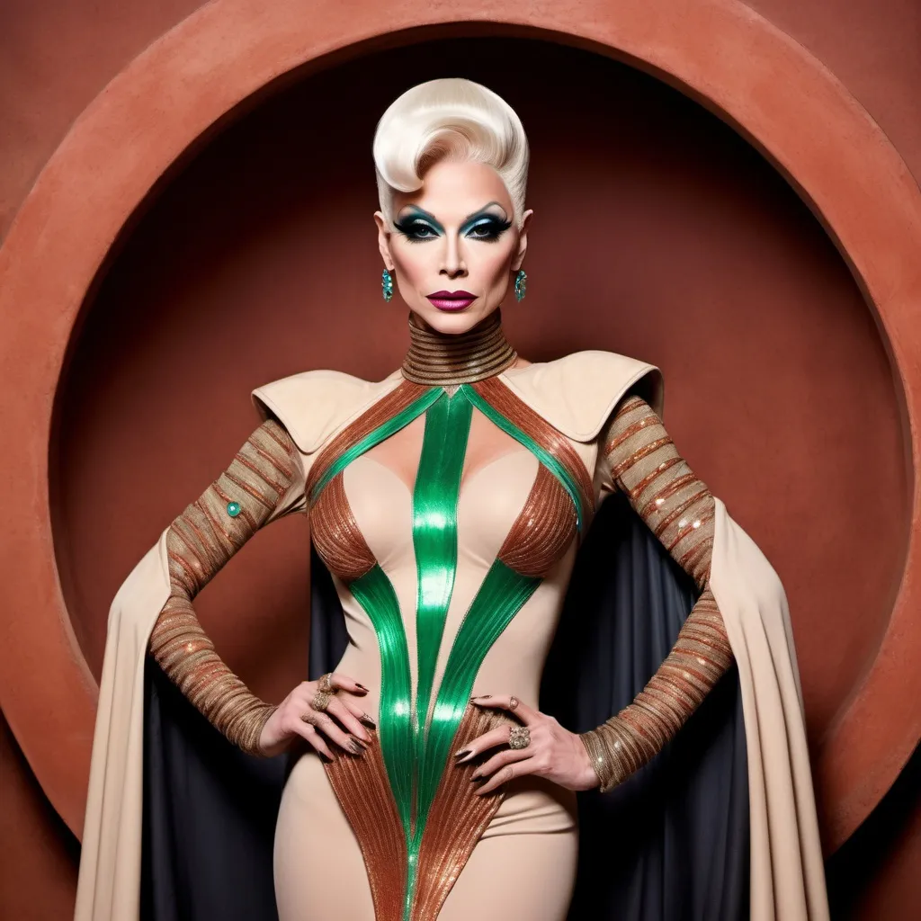 Prompt: The most beautiful drag queen on Arrakis wearing the traditional Krypton dress.