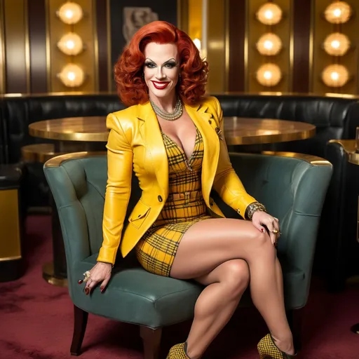 Prompt: Sophisticated art deco lounge, elegant gorgeous muscular 35-year-old French drag queen bodybuilder with large busom, muscular figure, curly red hair,  yellow plaid tweed jacket, yellow blouse, yellow pencil skirt, black 6 inch stiletto high heel boots, crowded scene, subtle smile, high-res photo, plump buxom physique, art deco, elegant, detailed facial features, realistic, sophisticated, busy setting, vibrant colors, professional photography