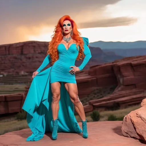 Prompt: A gorgeous muscular 35-year-old Turkish drag queen bodybuilder with large busom, dark eye makeup, dark lipstick, a long curly bright orange hair, wearing an asymmetrical teal gown, and 8 inch platform stiletto high heel knee-high boots,  Colorado Red Rocks at sundown in the background. 