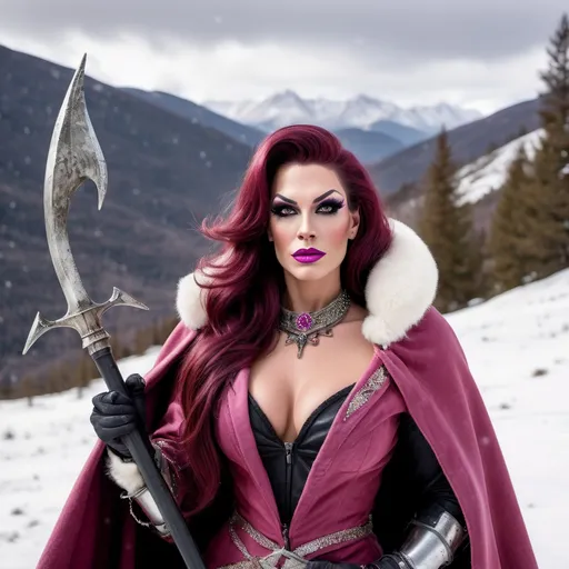 Prompt: A hi-res 8k hd digital photograph of a proud gorgeous rugged drag queen (with masculine jawline and brow) cowgirl with huge busom in winter snowy mountains. She is wearing a dark pink cloak lined with fur and a scarf over metal armor. She has ridiculously long wavy dark red hair and a black cowboy hat. She is holding a halberd. It is snowing and windy. She is smiling. Cowboy hat.
