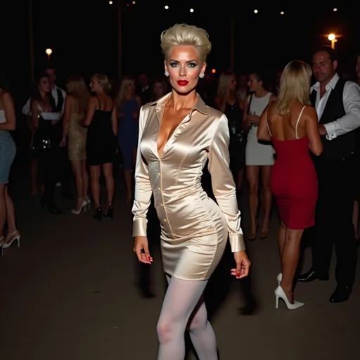 Prompt: a gorgeous ultra-muscular 25-year-old caucasian French suntanned drag queen bodybuilder with short spiky hair, dark eyeshadow, heavy mascara, dark red lipstick, wearing an ankle-length pencil skirt, long sleeve button up silk blouse, 8 inch stiletto high heel shoes, and white tights, posing at a cocktail party at night.