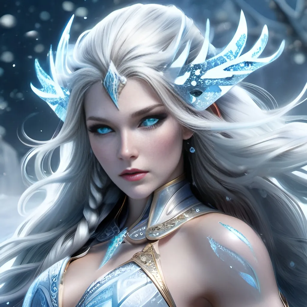 Prompt: Ice warrior goddess with ice skin and long flowing frozen hair, armor with gilded patterns and ice, superpower is ice, embodiment of the Yeti, dynamic pose. Ultra-realistic. Ultra-detailed.