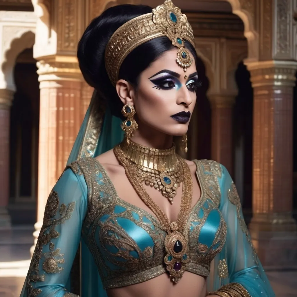 Prompt: A futuristic rendition of Indian royalty, where a gorgeous muscular 35-year-old Pakistani drag queen bodybuilder (dark eyeshadow,  dark lipstick,  heavy mascara) is dressed in a dazzling outfit featuring traditional Indian elements like rich silk, gold embroidery, and intricate jewelry, but with a high-tech twist. The palace is a blend of old and new, with ancient marble columns adorned with glowing circuit patterns, and holographic elephants walking through the palace courtyard. The scene is bathed in soft, ethereal light, creating a majestic atmosphere