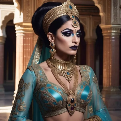 Prompt: A futuristic rendition of Indian royalty, where a gorgeous muscular 35-year-old Pakistani drag queen bodybuilder (dark eyeshadow,  dark lipstick,  heavy mascara) is dressed in a dazzling outfit featuring traditional Indian elements like rich silk, gold embroidery, and intricate jewelry, but with a high-tech twist. The palace is a blend of old and new, with ancient marble columns adorned with glowing circuit patterns, and holographic elephants walking through the palace courtyard. The scene is bathed in soft, ethereal light, creating a majestic atmosphere