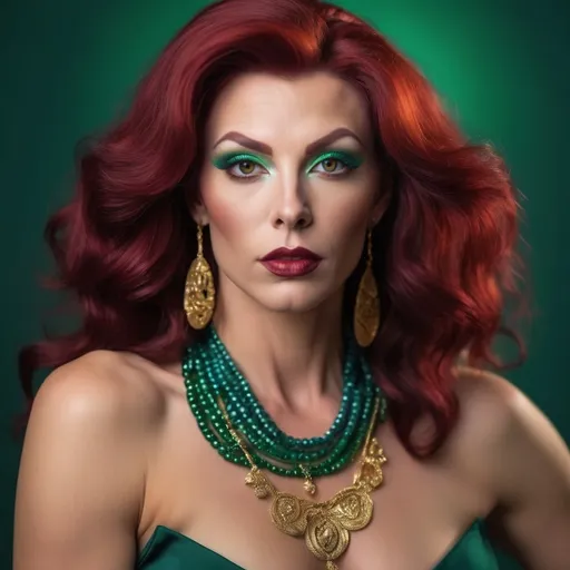 Prompt: Full length Portrait of an elegant Dutch Drag Queen in her early thirties with timeless beauty, tall with a muscular physique, professional photography, vibrant long dark red hair with low bangs, eyes as blue as a summer lake, mother-of-pearl iridescent skin, sophisticated wide-collared V-neck dress in green tones, delicate gold necklace with small gold pendant, cinematic lighting with dark green background, soft diffusion, high detail facial features, ethereal quality, photorealistic, sharp focus with shallow depth of field, professional portrait quality, graceful bearing, refined features
