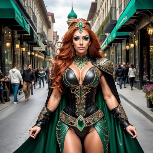 Prompt:  a mid range full body image of a Gorgeous muscular 25-year-old Turkish drag queen bodybuilder in the bustling city center wearing black leather armor with intricate ornate metal details studded with emerald gems and a bronze circlet with a large gem on her head, long black billowing cape curvy, powerful, braided flowing ginger hair, Aramenta Dianthe Vail, fantasy art, epic fantasy, computer graphics, high heels, corset, long loincloth with intricate details, stockings, magically glowing eyes, magical, night time