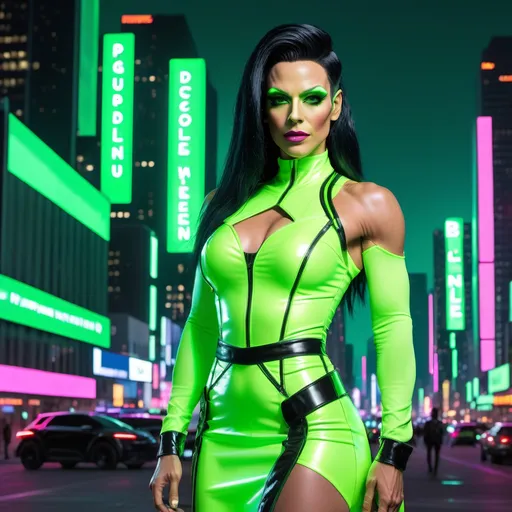 Prompt: Gorgeous muscular 35-year-old French drag queen (strong masculine jawline and brow features) with black hair wuth neon green highlights asymmetrical skirt that is mid calf in black with electric green trim in a cyberpunk style standing in cyberpunk city with neon lights city on Mars in future, neon billboards, skyscrapers