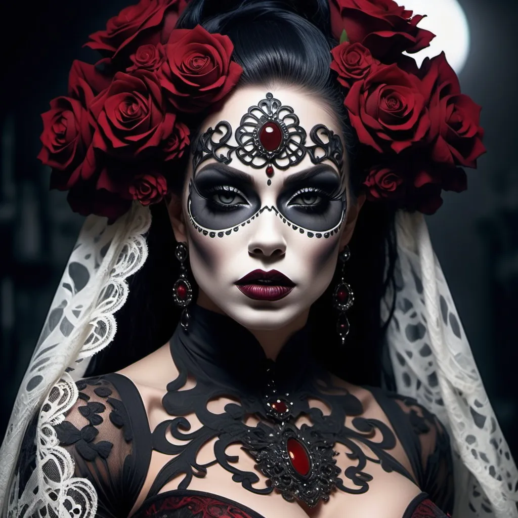 Prompt: (Gorgeous, muscular, goth,  calavera makeup , drag queen bodybuilder), intricate dark makeup, huge busom, traditional dress with dark floral patterns, incredible detailing on clothes, perfect make-up, blood red lips.  contrasting with lace elements, haunting ambiance, shadows reflecting cold moonlight, mysterious surgical precision in fabric details, mystical aura exuding sensuality, lush dark red and black tones, (ultra-detailed), (4K), dark, terrifying yet enchanting and chilling atmosphere in a Mexican grave yard, courtly surroundings filled with ethereal allure.