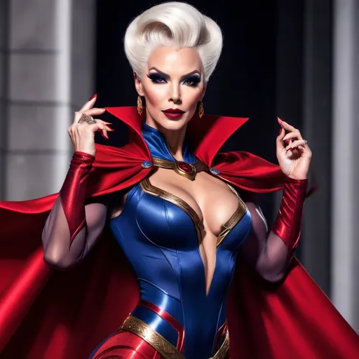 Prompt: If Dr. Strange was a gorgeous muscular drag queen (full length photo) with long muscular legs and a very muscular physique. Performing in a beautiful gown. Dark eye shadow, heavy mascara, and dark red lip stick.