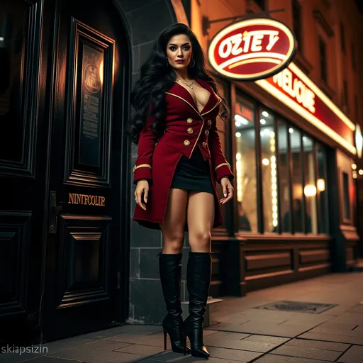 Prompt: Gorgeous ultra-muscular 25-year-old Italian goddess bodybuilder with huge busom and ridiculously long styled black hair, wearing a maroon tailcoat with gold trim, black miniskirt, 8 inch stiletto high heel Prada boots, standing outside Stockholm nightclub at night, 8k photo, high detail, elegant, glamorous, nightlife, sophisticated, detailed makeup, wavy hair, luxurious attire, atmospheric lighting