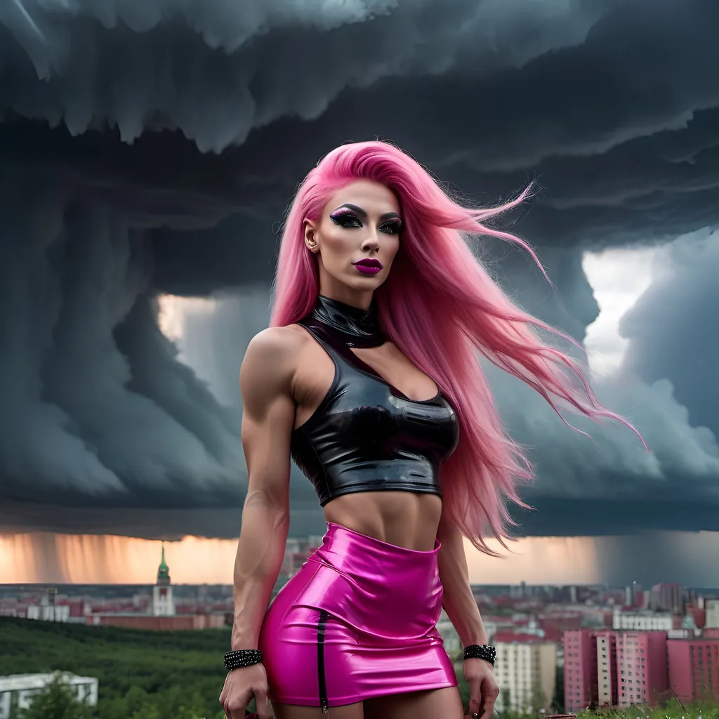 Prompt: Gorgeous ultra-muscular 25-year-old Serbian drag queen bodybuilder with ridiculously long straight shiny pink hair (blowing  in  the  wind) in colorful neon pink and black miniskirt, snmokey eye shadow, dark mascara, dark red lipstick, highly detailed face, UHD, volumetric lighting, standing on a bluff, distant storm approaching Moscow, futuristic fashion, elegant pose, cityscape, urban, intense gaze, highres, ultra-detailed, glamorous, fashion, atmospheric lighting, modern