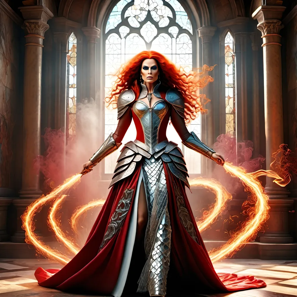 Prompt: In the creative style and detail of Leonardo Da Vinci create a highly detailed, ultra high definition photo-realistic image of a gorgeously stunning beautiful otherworldly muscular fictional fantasy white drag queen, casting magic nuclear blasts, with ridiculously long flowing red hair, ample cleavage, body surrounded by magical swirling mist. 

Wearing full dragon scale armor (random pose) pulling magic from a foes heart in a marbled mosaic temple hall of a Majestic castle, maintaining a magic casters alluring pose. Full body, centered, fantasy setting, character concept, cinematic, colorful background, concept art, dramatic lighting, highly detailed, hyper realistic, intricate sharp details, octane render, smooth, ultra studio lighting, perfect shading and shadows, trending on art station, 64k, HDR, unreal engine, emotive, cgi, animated, character art, iridescent, metallic.