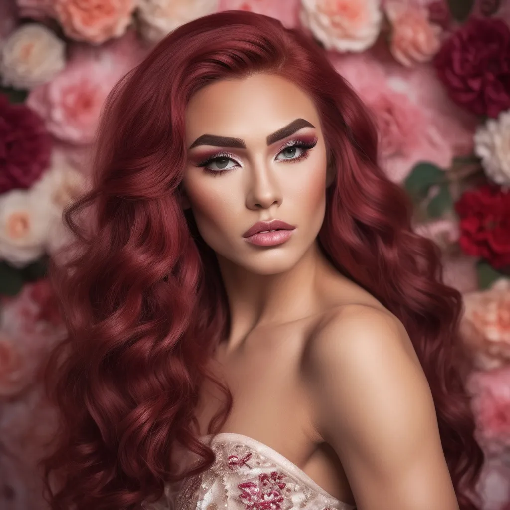 Prompt: a Gorgeous muscular 25-year-old Eurasian drag queen Athlete (very strong masculine jawline and brow features) with long wavy crimson hair, (radiant beauty), ethereal atmosphere, enchanting elegance, soft pastel tones, serene vibe, delicate features, graceful posture, subtle glow, mesmerizing detail, intricate patterns, dreamy background, floral elements, captivating charm, high quality, ultra-detailed, cinematic masterpiece.