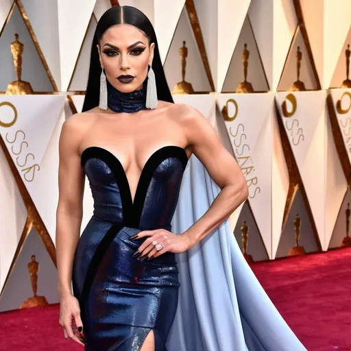 Prompt: Gorgeous thicc muscular 25-year-old Slovenian drag queen (very strong masculine jawline and brow features) with large busom wearing a beautiful stylish multi-fabric gown with long train, 8 inch stiletto high heel shoes.  Dark eyeshadow and dark lipstick. Walking the red carpet at the Oscars.