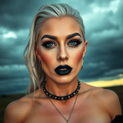 Prompt: Emo 35-year-old drag queen, muscular 
physique, black lipstick, black eyeliner, long eyelashes, blue eyes, studded choker, big lips, long nose, bare shoulders, stormy sky. Masterpiece, perfect face, beautiful, vivid colors, photorealism, portrait