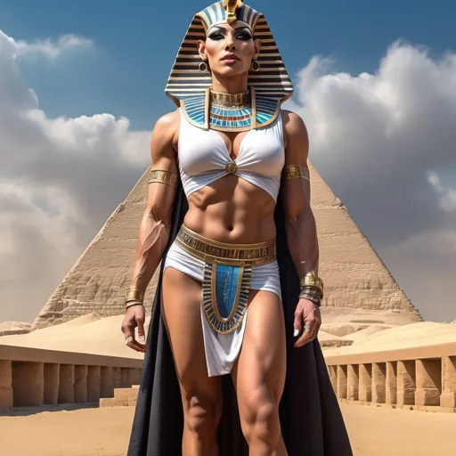 Prompt: （Full body image)In ancient Egypt, a gorgeous muscular 35-year-old Egyptian drag queen bodybuilder, dressed in flowing formal attire, standing with the majestic Great Sphinx in the background, receiving the admiration of the people. Digital art, hyper detailed, ultra realistic, highly detailed, surreal heavy mist,

Perfect studio lighting, perfect shading, impeccable contrast, HDR, UHD, high res, 64k
