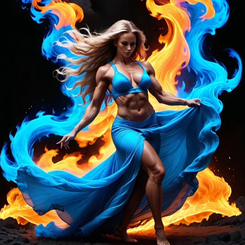 Prompt: Gorgeous ultra-muscular 25-year-old Swedish goddess bodybuilder dancing on blue flame, silhouette, lava, long flowing blue flame gown, huge busom, long wavy fiery hair, long muscular legs, very muscular dancing female, mystical background,