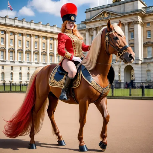 Prompt: Gorgeous Palace Guard drag queen bodybuilder in (traditional beefeater costume), elegantly posed beside a (huge horse) adorned with an (ornate saddle and leather tack), showcasing her (silky strawberry-blonde hair) flowing in a gentle breeze. Set against the majestic backdrop of (Buckingham Palace gate) under a beautifully (sunny day). Rich in detail and texture, high-quality (8K resolution), strikingly vivid colors, and (photorealistic) finish make this image a masterpiece.