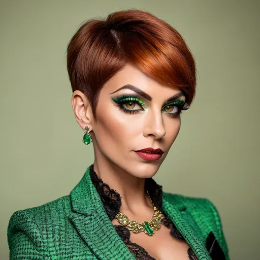 Prompt: Gorgeous muscular 35-year-old Romanian drag queen, large busom, (piercing bright green eyes), (chic pixie-cut chestnut-auburn hair), adorned with elegant jewels, dressed modestly in a buttoned-up jade tweed blazer, black lace camisole and saffron pencil skirt, standing for an ultra-detailed professional portrait, capturing her youthful appeal & gorgeous face, enhanced lighting creating a captivating ambiance, luxurious atmosphere, 8K resolution, high quality, meticulously well-lit to highlight her stunning features & (luminous green eyes).