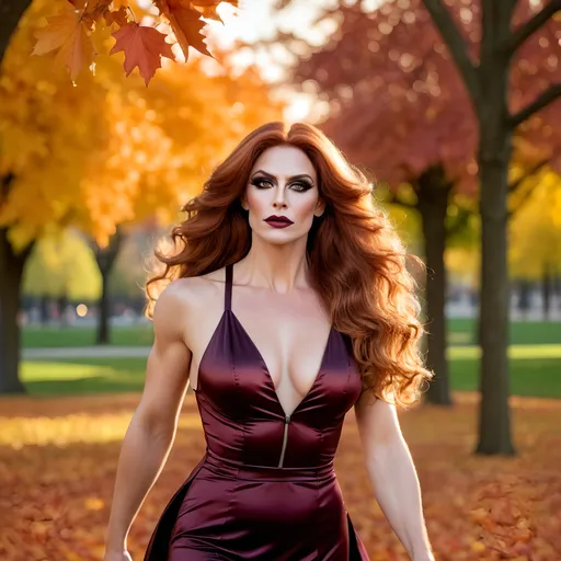 Prompt: full body, gorgeous muscular 35-year-old Czechian drag queen with long wavy Auburn hair (((blowing in the wind))), strong masculine jawline and brow,  dark eyeshadow and dark lipstick, tempting, hourglass figure, wearing a short light airy sundress, walking through the park during autumn sunset.