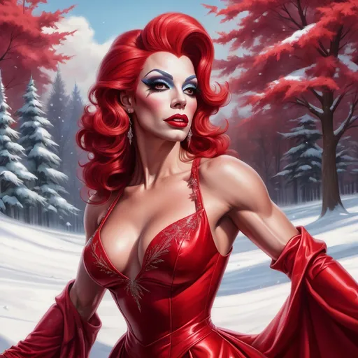 Prompt: a painting of a gorgeous muscular French drag queen in a red dress in the snow with trees in the background and a sky in the background, Artgerm, fantasy art, highly detailed digital painting, a photorealistic painting