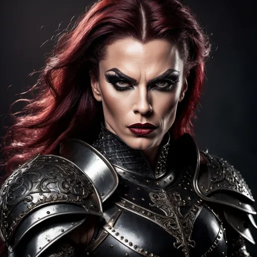 Prompt: A gorgeous muscular 35-year-old British drag queen (medieval knight), (black armor), gripping sword in hand, fierce expression (strong masculine jawline and brow features), dramatic pose, intricate armor details, dark and moody color palette, dark eyeshadow and dark red lipstick, cinematic lighting, highly detailed, stormy background, strong and powerful presence, evokes a sense of bravery and strength, captivating and intense atmosphere, ultra-detailed, 4K resolution, ready for battle. Full body view