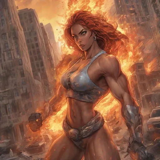 Prompt: Gorgeous ultra-muscular 25-year-old goddess fire entity destroying a city.