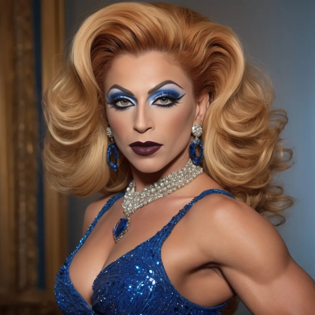Prompt: Glamorously dressed gorgeous muscular 35-year-old olive-skinned Turkish drag queen bodybuilder (strawberry-blonde hair, dark lipstick, drag queen facial features) of the 1990s, adorned with exquisite sapphire jewelry, striking deep blue eyes, vintage fashion with elegant silhouette, intricate details in designer clothing,  luxurious ambiance, soft lighting.