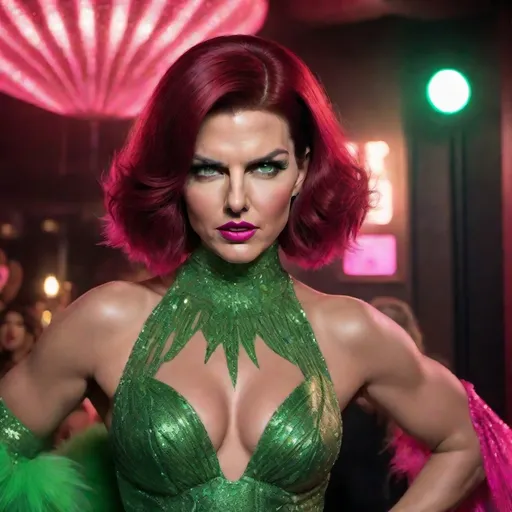 Prompt: image of Tom Cruise dressed as a gorgeous 25-year-old full figured Czechian drag queen with stylish long Dark red hair, wearing a flamboyant, yet conservative black neon green and neon pink Bob Mackie designer Gown, heavy eye makeup,  dark red lipstick, posing in a smokey Cabaret. hyper-realistic quality, ultra-detailed 4K imagery.