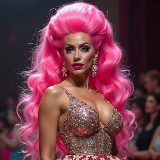 Prompt: Gorgeous ultra-muscular 25-year-old Spanish drag queen bodybuilder with long pink stylish updo wearing a (Moschino dress), high fashion design, colorful patterns, playful and vibrant, couture elegance, luxurious texture, striking silhouette, artistic flair, runway-inspired style, intricate details, eye-catching embellishments, bold color palette, fashionable ambiance, (ultra-detailed), high-quality craftsmanship, fashion illustration vibes, stylish ensemble, (vivid colors), aesthetically stunning.