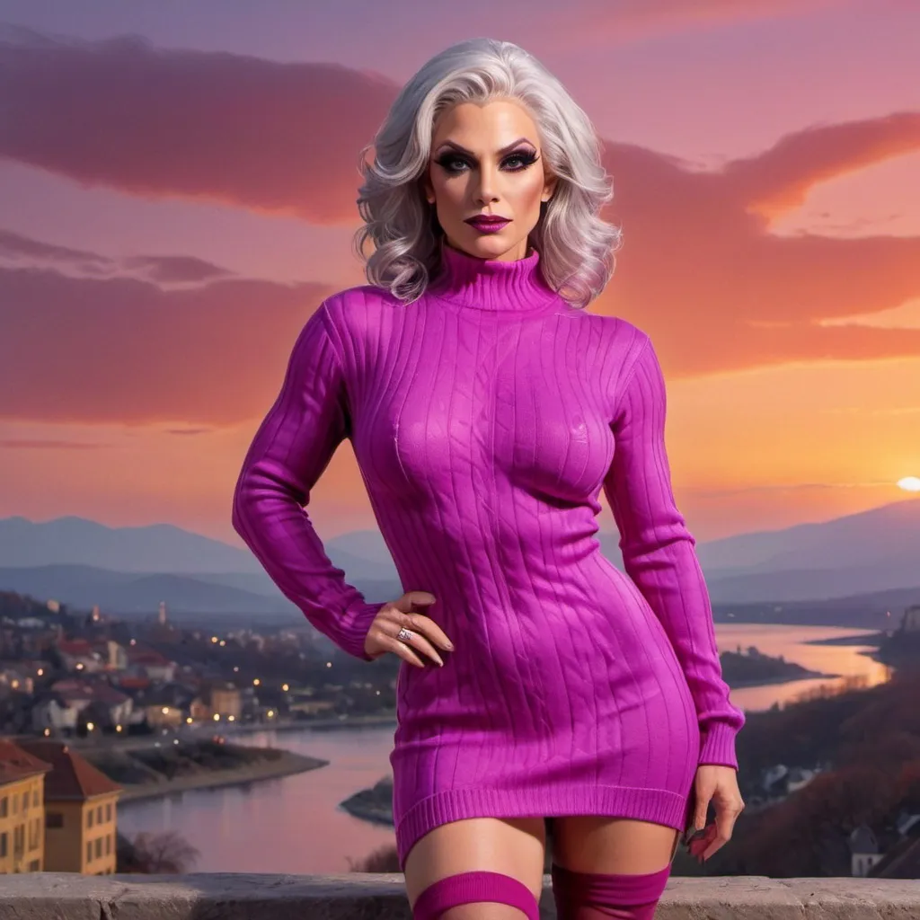 Prompt: Stunning, flamboyant, very muscular, 45-year-old silver-haired caucasian drag queen with large busom dressed in a magenta oversized sweater dress, thigh-high nylon stockings, and stilettos. Hyper-realistic quality. Sunset background. 