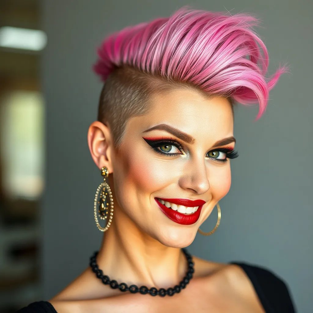 Prompt: side buzzed fade longer updo top cut with a pink trendy moehawk, hair cut sample, fashion magazine, high focus on trendy hairstyle, gorgeous 40-year-old Czechian drag queen bodybuilder model with thick eyeshadow and dark red lipstick, flirty, confident smile --ar 9:16 --v 6.0