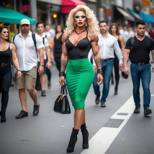 Prompt: Gorgeous muscular 35-year-old Eurasian drag queen bodybuilder, walking in busy Shibuyan Crossing, vibrant green eyes, long curly dark blonde hair, dark eye makeup, dark lipstick, white blouse, dark gray knee-length pencil skirt, black stiletto high heel boots, fluid dynamic movement, high-res, pro photo, urban, vibrant colors, detailed facial features, elegant, professional lighting