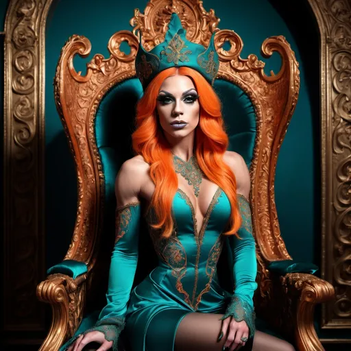 Prompt: Portrait of a gorgeous 25-year-old Swedish drag queen bodybuilder, sitting regally on an ornate throne, (elegant embroidery on a flowing teal dress), striking contrast with (orange hat and gloves), surrounded by intricate gothic decor, (dynamic lighting casts dramatic shadows), exhibiting intense eyes, possessing long claws. Atmosphere is (mysterious) and (elegant), offering an (overdetailed anime style) in stunning (4K HD resolution). A true masterpiece of (animation series art).