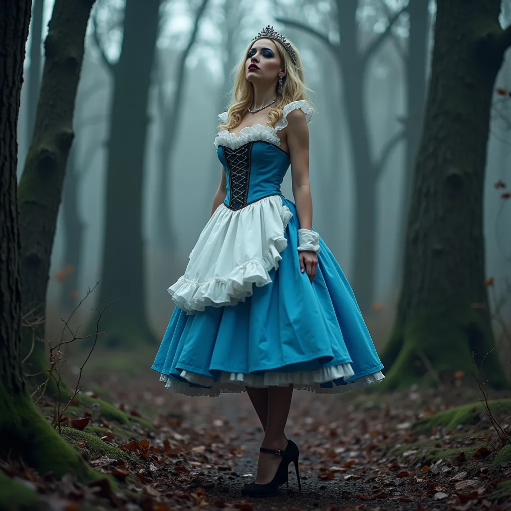 Prompt: Alice in Wonderland transformed into a gorgeous muscular 25-year-old French drag queen (dark eyeshadow and dark lipstick) with large busom, standing and wearing Blue Corset, White Skirt, 8 inch stiletto high heel shoes, masterpiece, in a Creepy Forest,with Dead bloody trees, Beautiful, Ultra HD,16K, Extrêmely detailed,Halfling proportions,