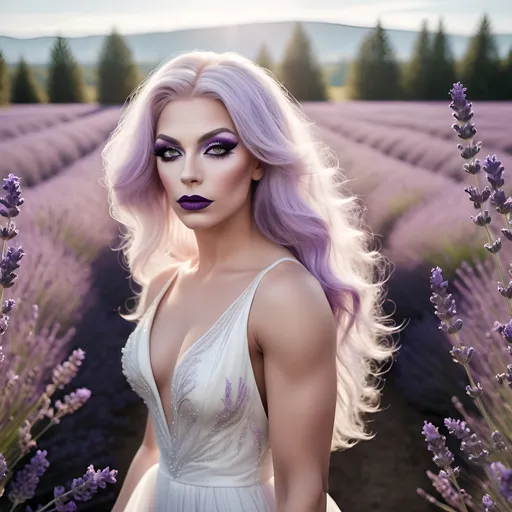 Prompt: Design a photo-realistic portrait of a gorgeous muscular 25-year-old Finnish drag queen (dark eye makeup and dark lipstick) dressed in a flowing white gown, standing amongst a field of lavender. The sunlight catches the delicate details of her dress, creating a soft, ethereal glow.