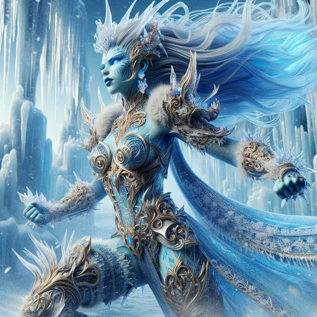 Prompt: Ice warrior goddess with ice skin and long flowing frozen hair, armor with gilded patterns and ice, superpower is ice, embodiment of the Yeti, dynamic pose. Ultra-realistic. Ultra-detailed.