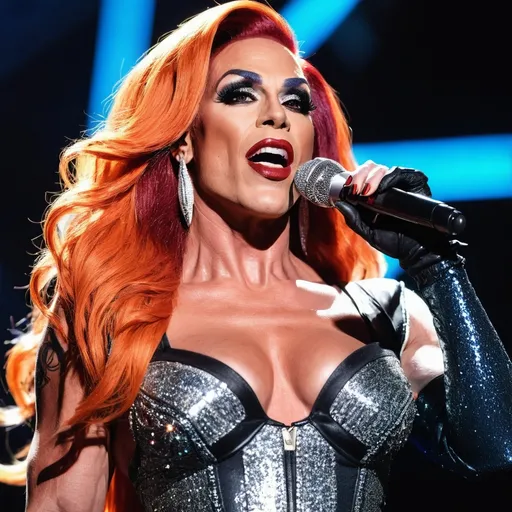 Prompt: Gorgeous muscular 35-year-old caucasian superstar drag queen (strong masculine jawline and brow features) with long flowing bright orange hair, dark eyeshadow, and dark red lipstick. Glittery sparkly knee-high sliver high heel boots.  Singing at a big concert 